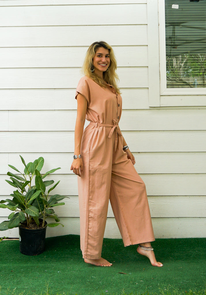 Peach Natural Cotton Jumpsuits with Pockets