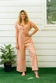 Peach Natural Cotton Jumpsuits with Pockets