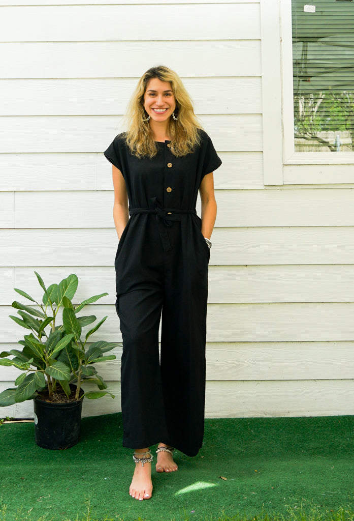 Black Natural Cotton Jumpsuits with Pockets
