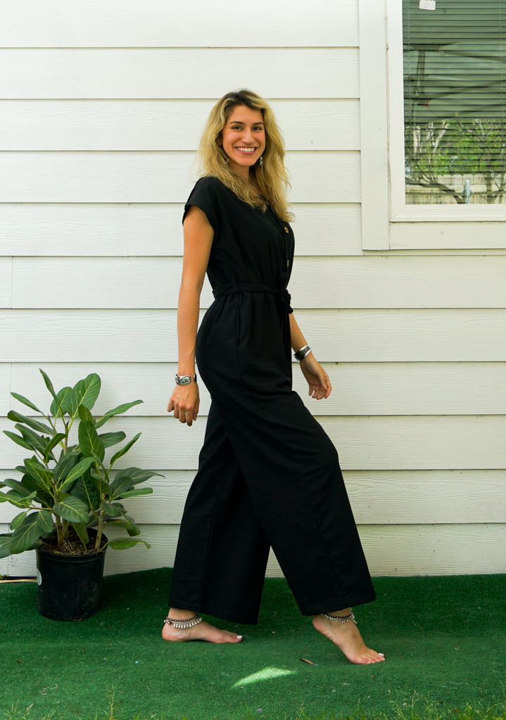 Black Natural Cotton Jumpsuits with Pockets