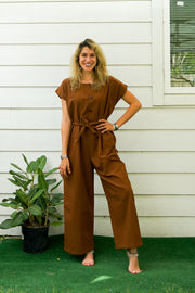 Brown Natural Cotton Jumpsuits with Pockets