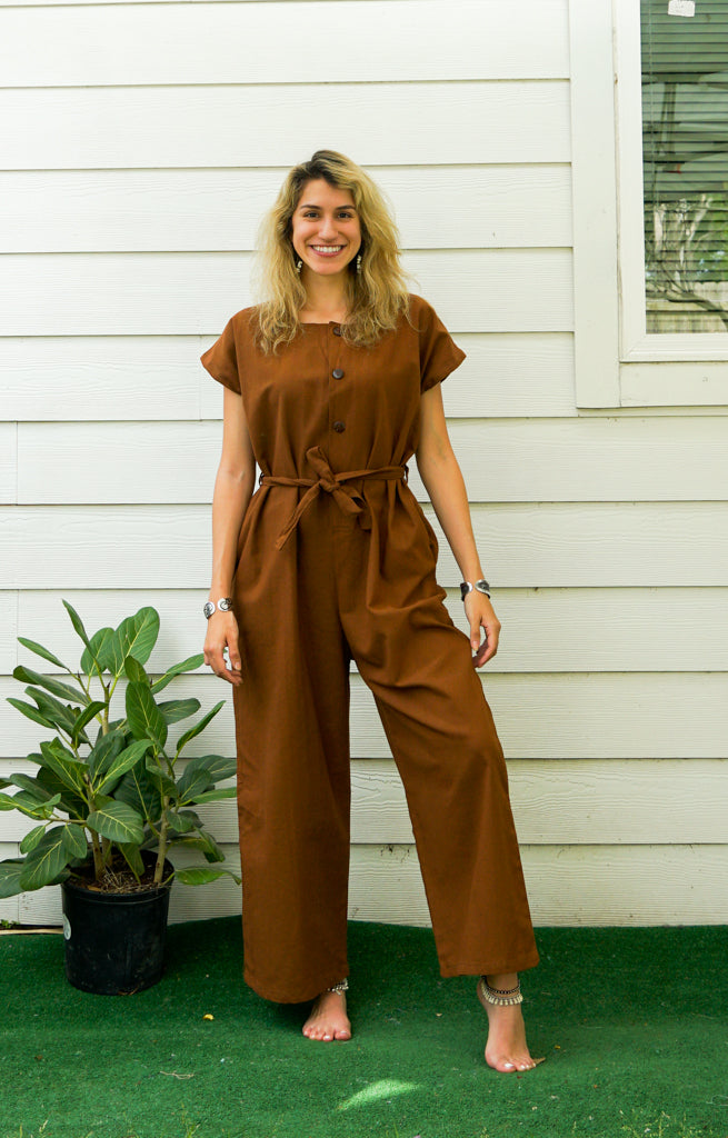 Brown Natural Cotton Jumpsuits with Pockets