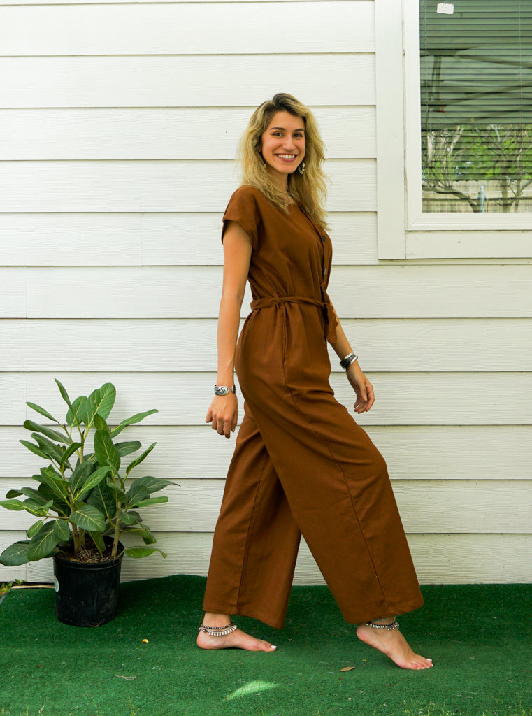 Brown Natural Cotton Jumpsuits with Pockets