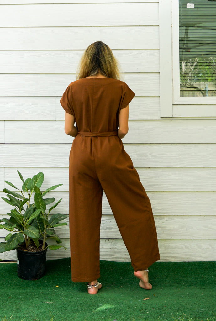 Brown Natural Cotton Jumpsuits with Pockets