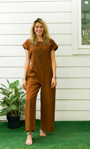 Brown Natural Cotton Jumpsuits with Pockets