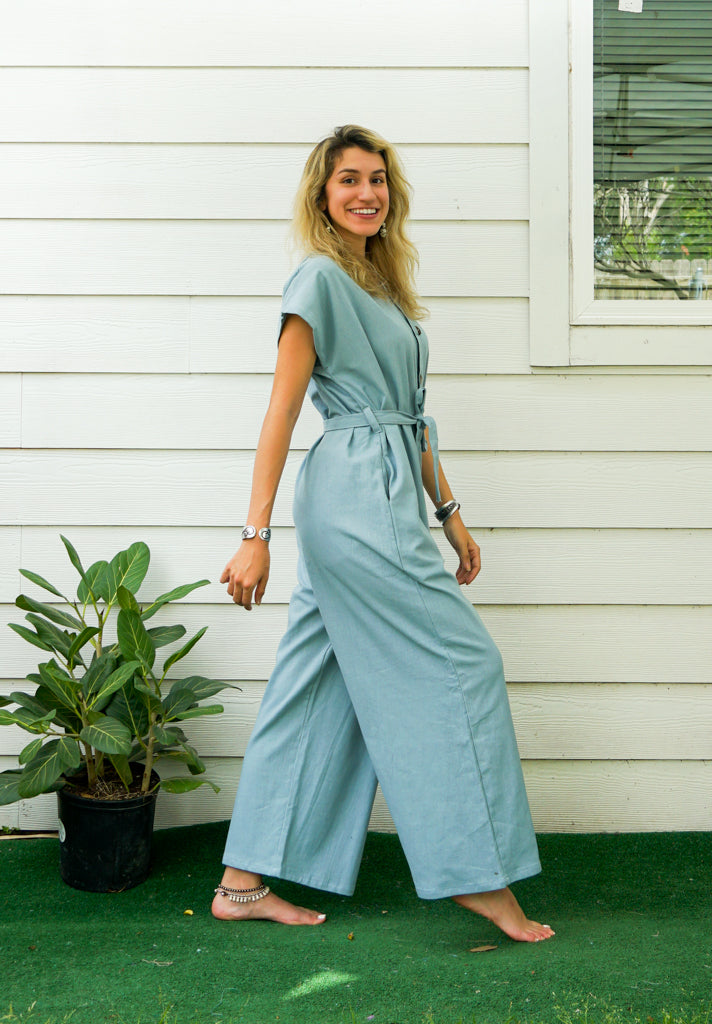 Blue Natural Cotton Jumpsuits with Pockets