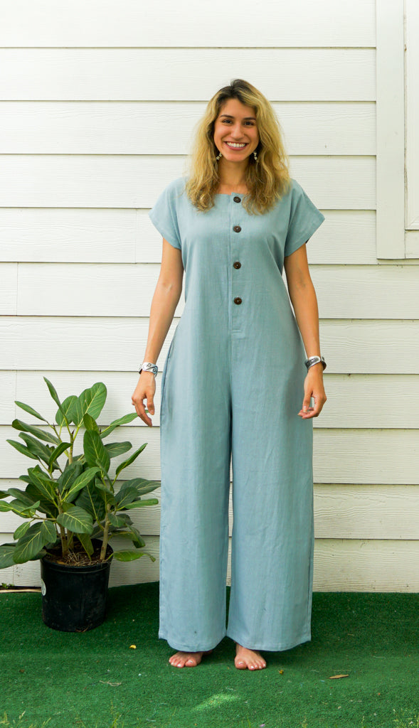 Blue Natural Cotton Jumpsuits with Pockets