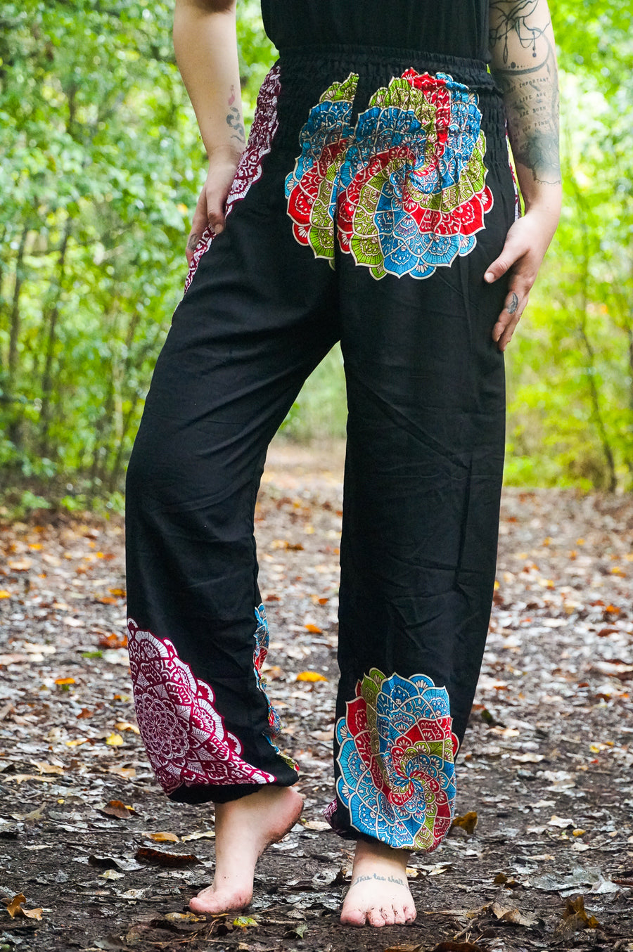 Black Enlighten Flower Harem Pants