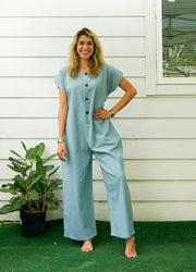 Blue Natural Cotton Jumpsuits with Pockets