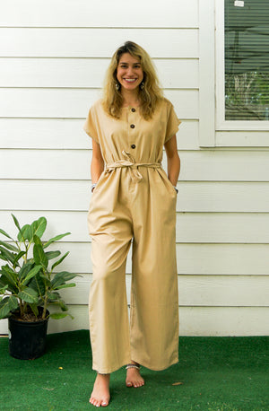 Cream Natural Cotton Jumpsuits with Pockets