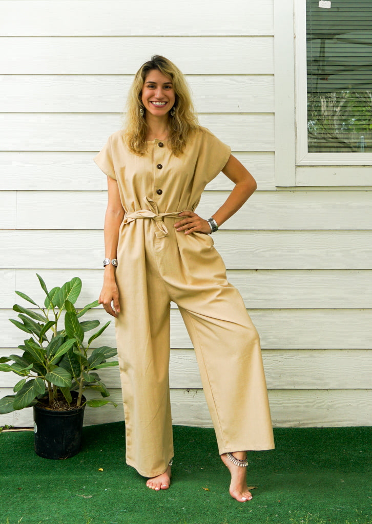 Cream Natural Cotton Jumpsuits with Pockets