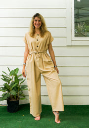 Cream Natural Cotton Jumpsuits with Pockets