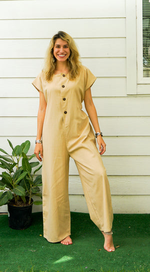 Cream Natural Cotton Jumpsuits with Pockets