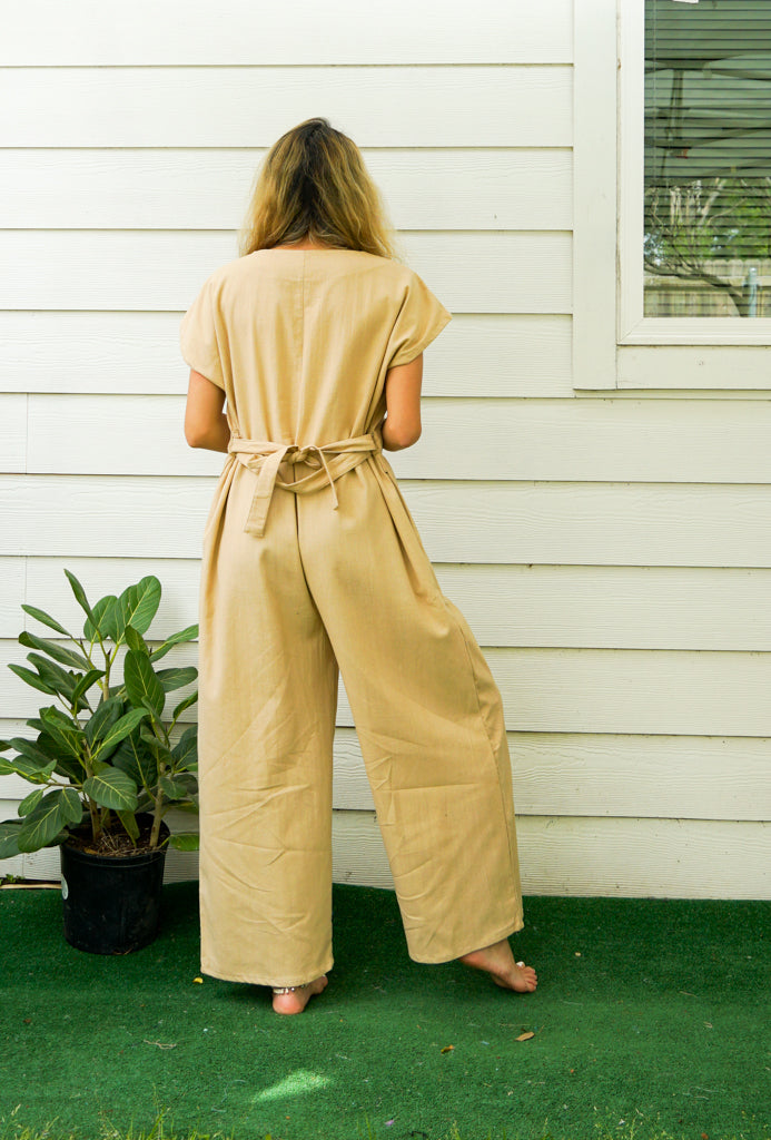 Cream Natural Cotton Jumpsuits with Pockets