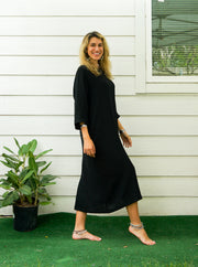 Black Double Gauze Muslin Cotton Dress with Pockets