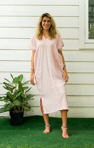 Soft Pink Double Gauzed Muslin Cotton Dress with Pockets