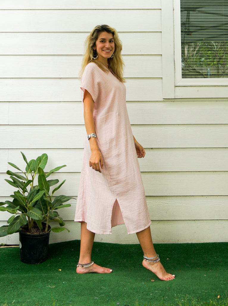 Soft Pink Double Gauzed Muslin Cotton Dress with Pockets
