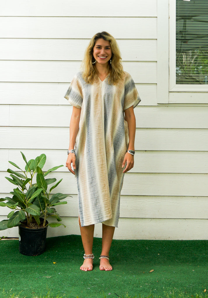 Brown Striped Double Gauze Cotton Dress with Pockets
