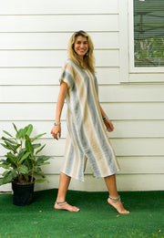 Brown Striped Double Gauze Cotton Dress with Pockets