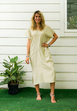 Soft Green Double Gauzed Muslin Cotton Dress with Pockets