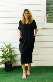 Black Double Gauzed Muslin Cotton Dress with Pockets