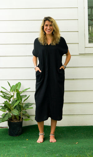 Black Double Gauzed Muslin Cotton Dress with Pockets