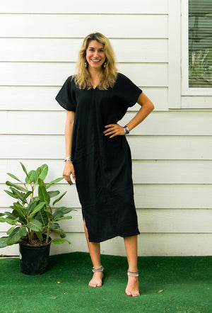 Black Double Gauzed Muslin Cotton Dress with Pockets