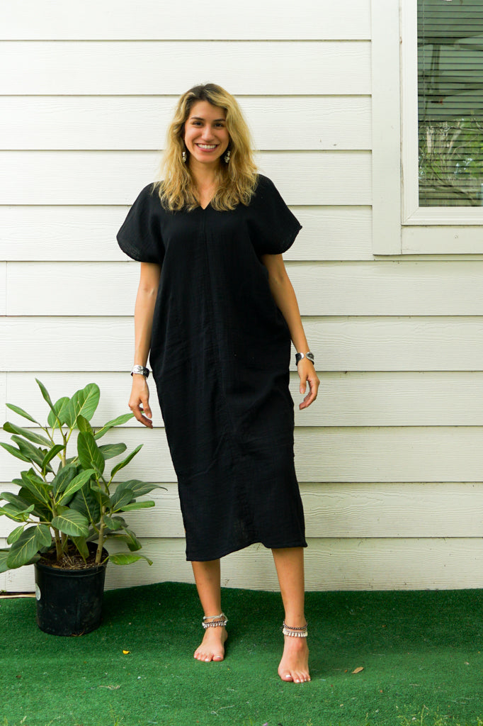 Black Double Gauzed Muslin Cotton Dress with Pockets