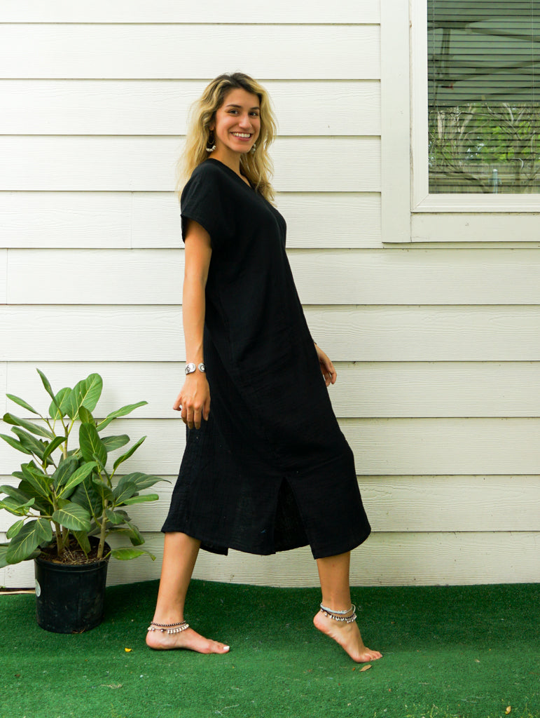 Black Double Gauzed Muslin Cotton Dress with Pockets