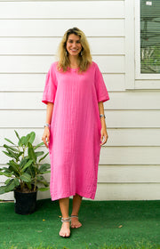 Fuchsia Double Gauze Cotton Dress with Pockets