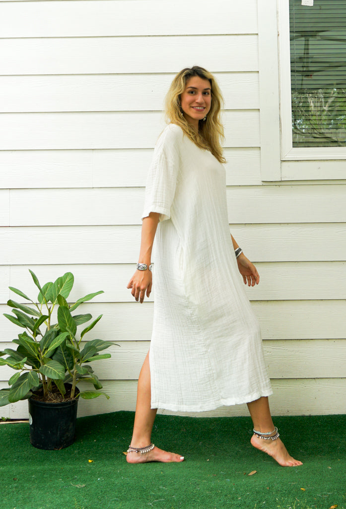 Natural Double Gauze Cotton Dress with Pockets