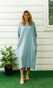 Sky Blue Double Gauze Cotton Dress with Pockets