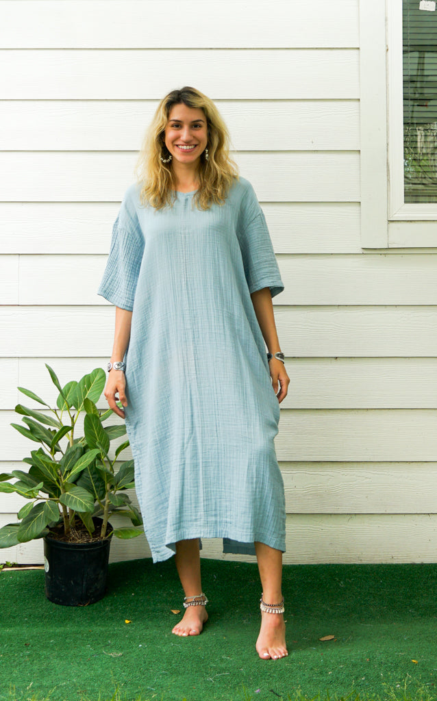 Sky Blue Double Gauze Cotton Dress with Pockets