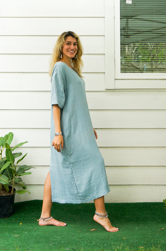 Sky Blue Double Gauze Cotton Dress with Pockets