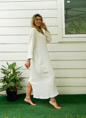 Natural Double Gauze Cotton Dress with Pockets