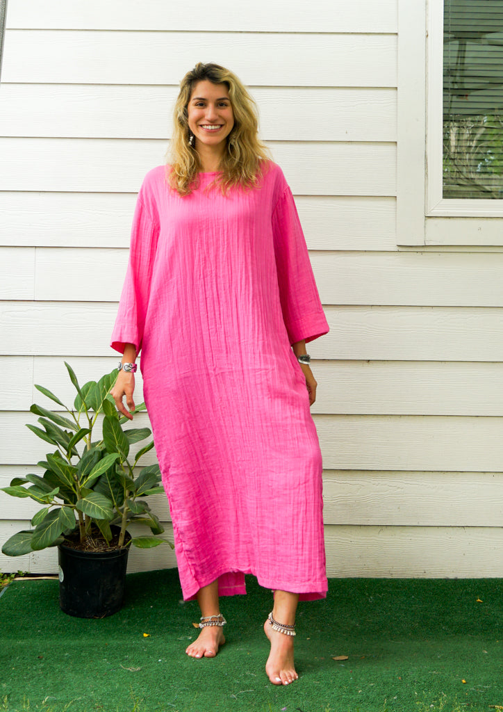 Fuchsia Double Gauze Cotton Dress with Pockets