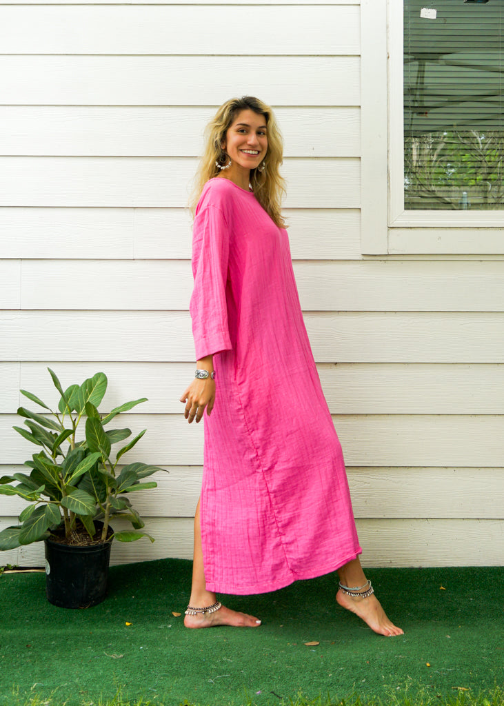 Fuchsia Double Gauze Cotton Dress with Pockets