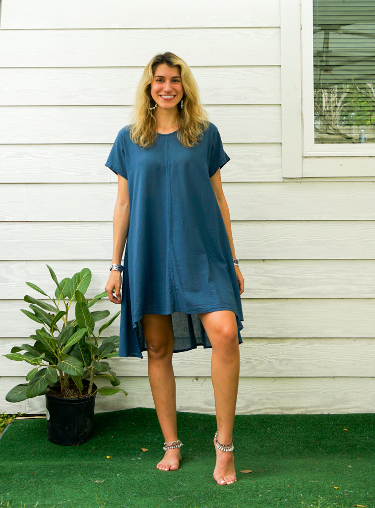 Teal Blue Raw Natural Cotton Gauze Asymmetrical Maxi Dress