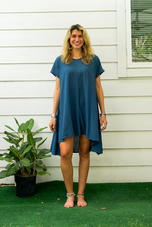 Teal Blue Raw Natural Cotton Gauze Asymmetrical Maxi Dress