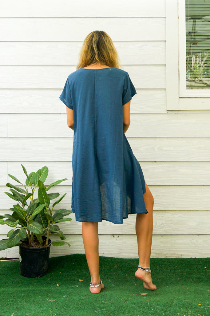 Teal Blue Raw Natural Cotton Gauze Asymmetrical Maxi Dress