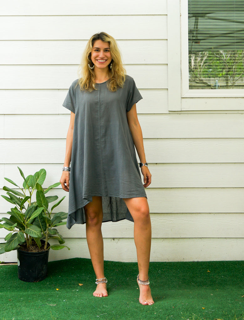 Gray Raw Natural Cotton Gauze Asymmetrical Maxi Dress