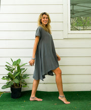 Gray Raw Natural Cotton Gauze Asymmetrical Maxi Dress