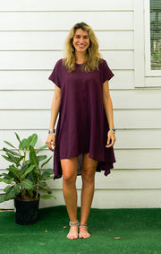 Purple Plum Raw Natural Cotton Gauze Asymmetrical Maxi Dress