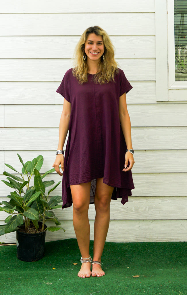 Purple Plum Raw Natural Cotton Gauze Asymmetrical Maxi Dress