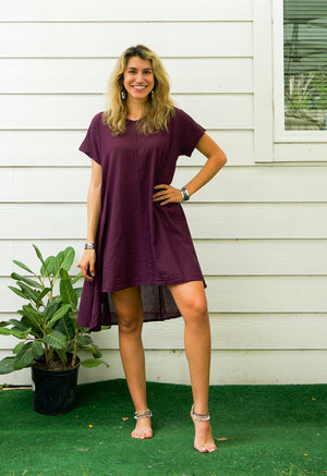 Purple Plum Raw Natural Cotton Gauze Asymmetrical Maxi Dress