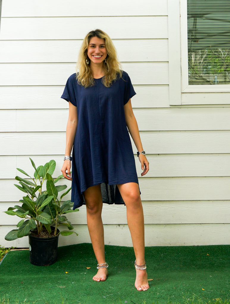 Indigo Blue Raw Natural Cotton Gauze Asymmetrical Maxi Dress