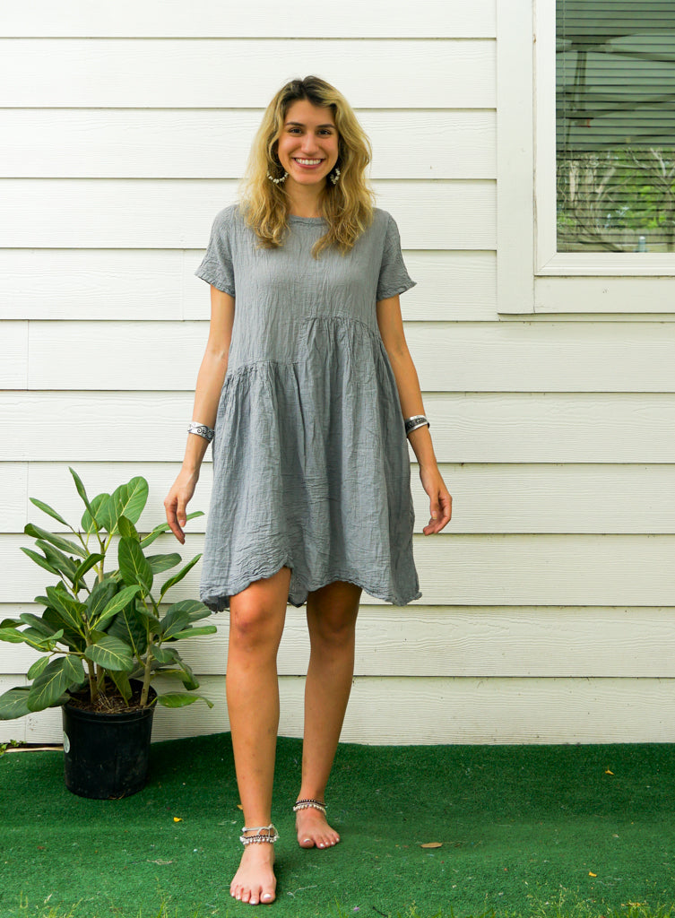 Gray Natural Raw Crinkled Cotton Midi Dress with Pocket