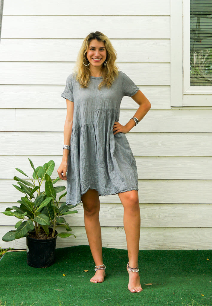 Gray Natural Raw Crinkled Cotton Midi Dress with Pocket