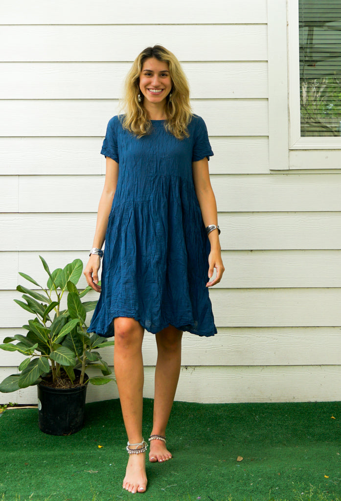 Teal Natural Raw Crinkled Cotton Midi Dress with Pocket