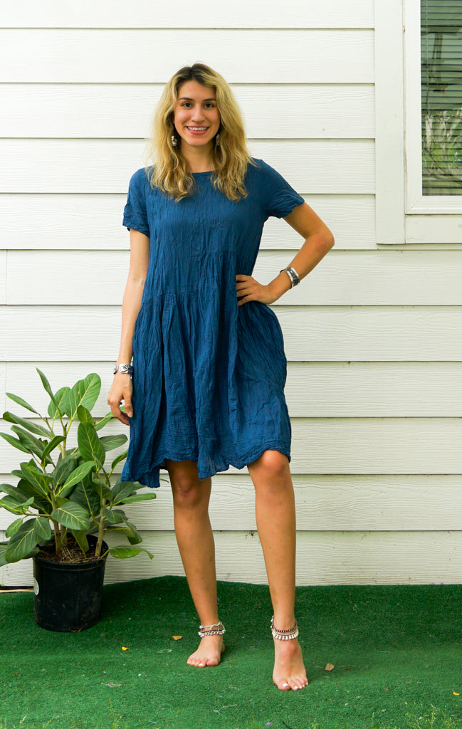 Teal Natural Raw Crinkled Cotton Midi Dress with Pockets